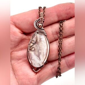 HANDNADE Plume Agate Copper Wire Wrapped Pendant Necklace, Artisan Jewelry Gift